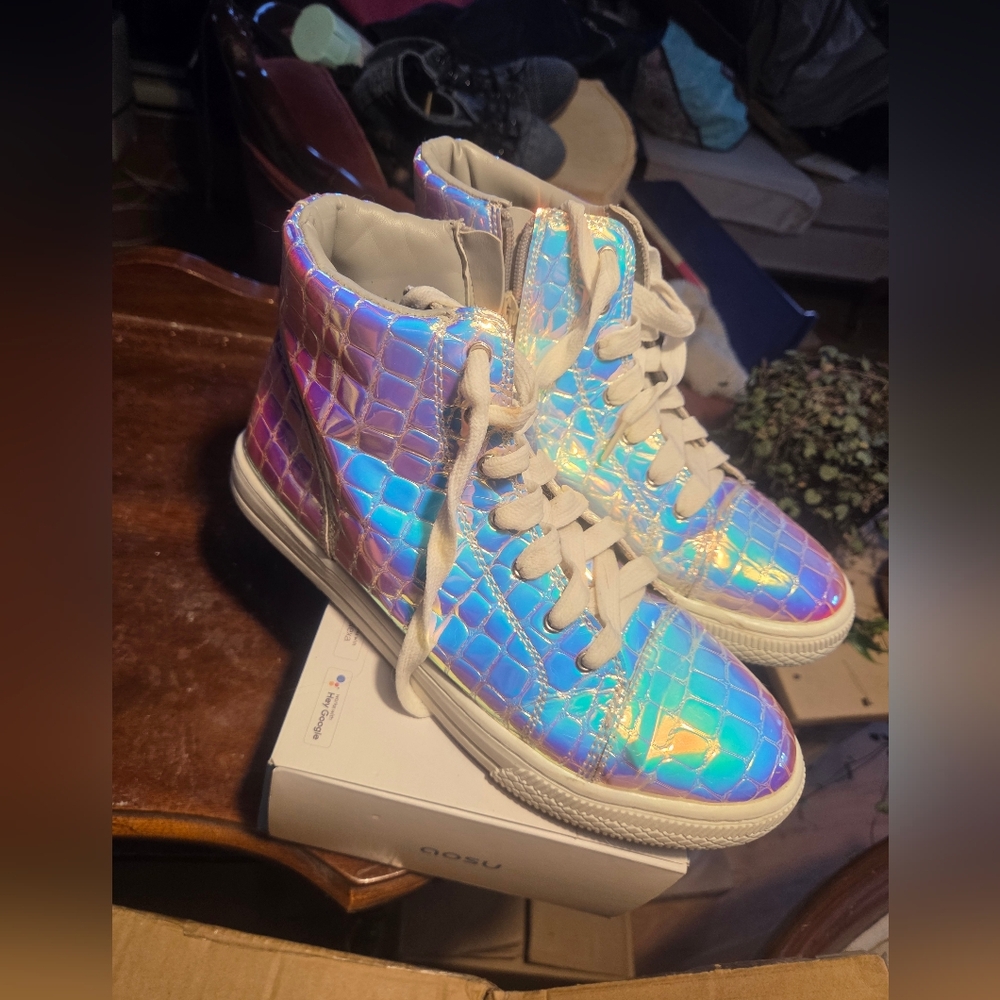 Holographic High-Top Sneakers From JUSTICE SIZE 6 KIDS BUT FITS SIZE 10 FEMALE